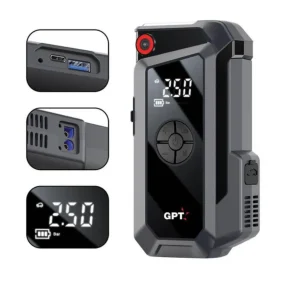 בוסטר התנעה GPT Jump Start עם קומפרסור לניפוח גלגלים, קיבולת 8000mAh, זרם 600A ויציאת USB לטעינת מכשירים